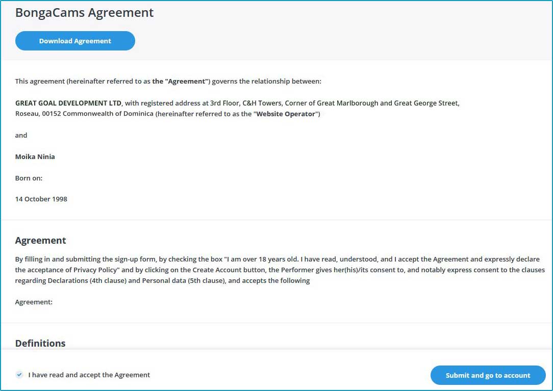 BongaModels BongaCams  Agreement