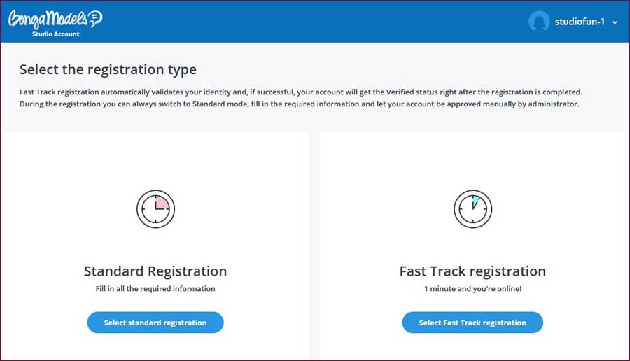 BongaModels Type of Studio Registration