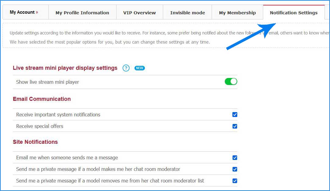 BongaCams Notifications settings